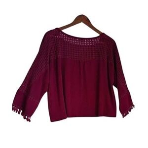 Anthropologie Saturday Sunday Magenta 100% Cotton Crochet Tassel Boho Blouse S
